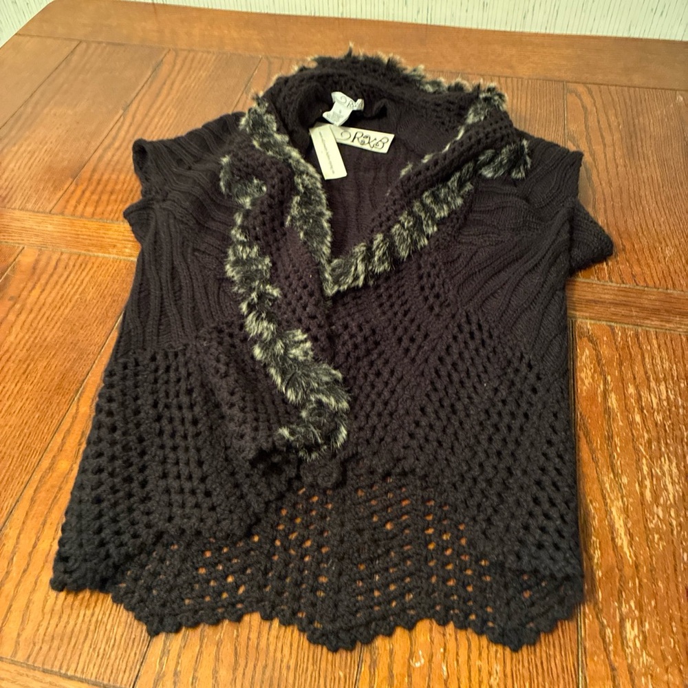 RxB Cardigan Women’s/ Kids Small with Faux Fur Trim Crochet Eyelet Loose Knit